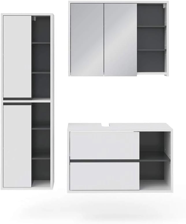 Set mobili bagno Viola, Bianco, 100 cm, composto da mobile sottolavabo, specchiera e colonna alta