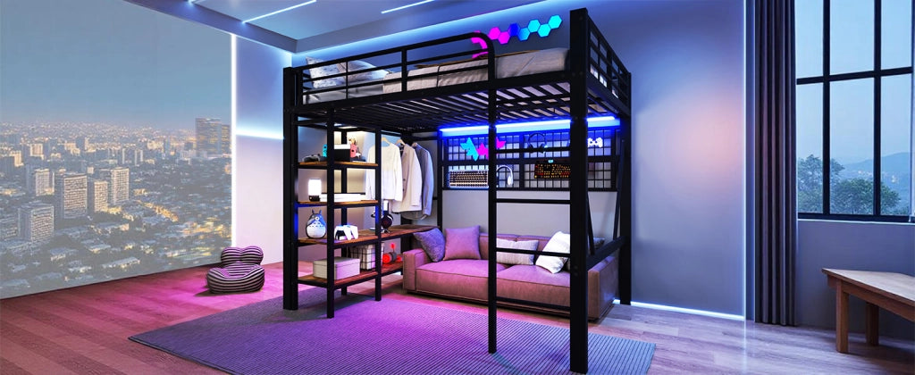 LETTO a soppalco 140x200 cm in Metallo e MDF Nero con LED e vano a giorno