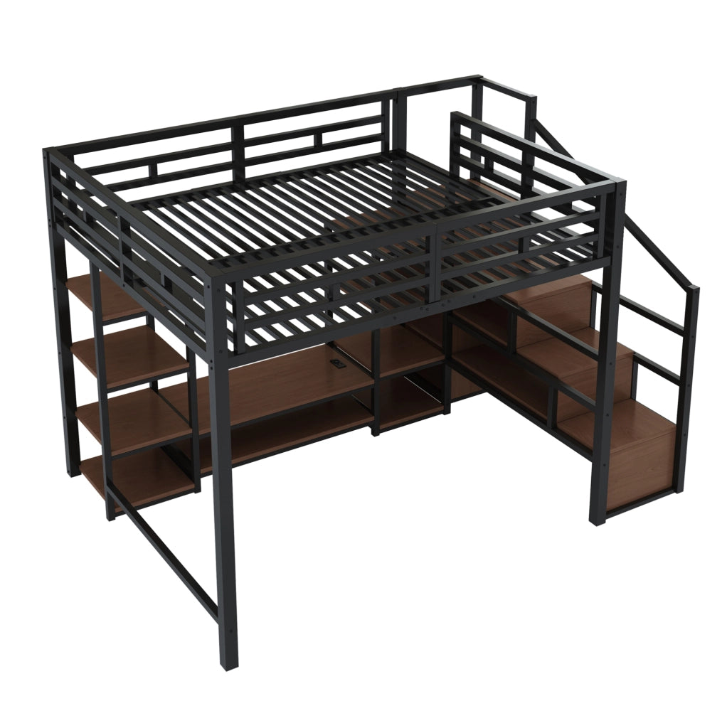 Letto a soppalco 140x200 con supporto TV, presa integrata e scala contenitiva