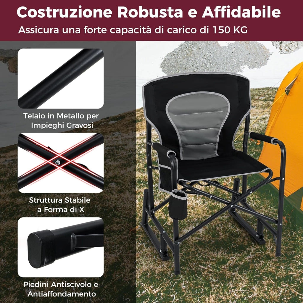 Poltrona a Dondolo da Campeggio, Sedia Pieghevole e Portatile con Molla Doppia, Schienale Imbottito, Braccioli, Porta Bicchieri, Sedia da Campeggio per SPiaggia Picnic, Portata 150 kg