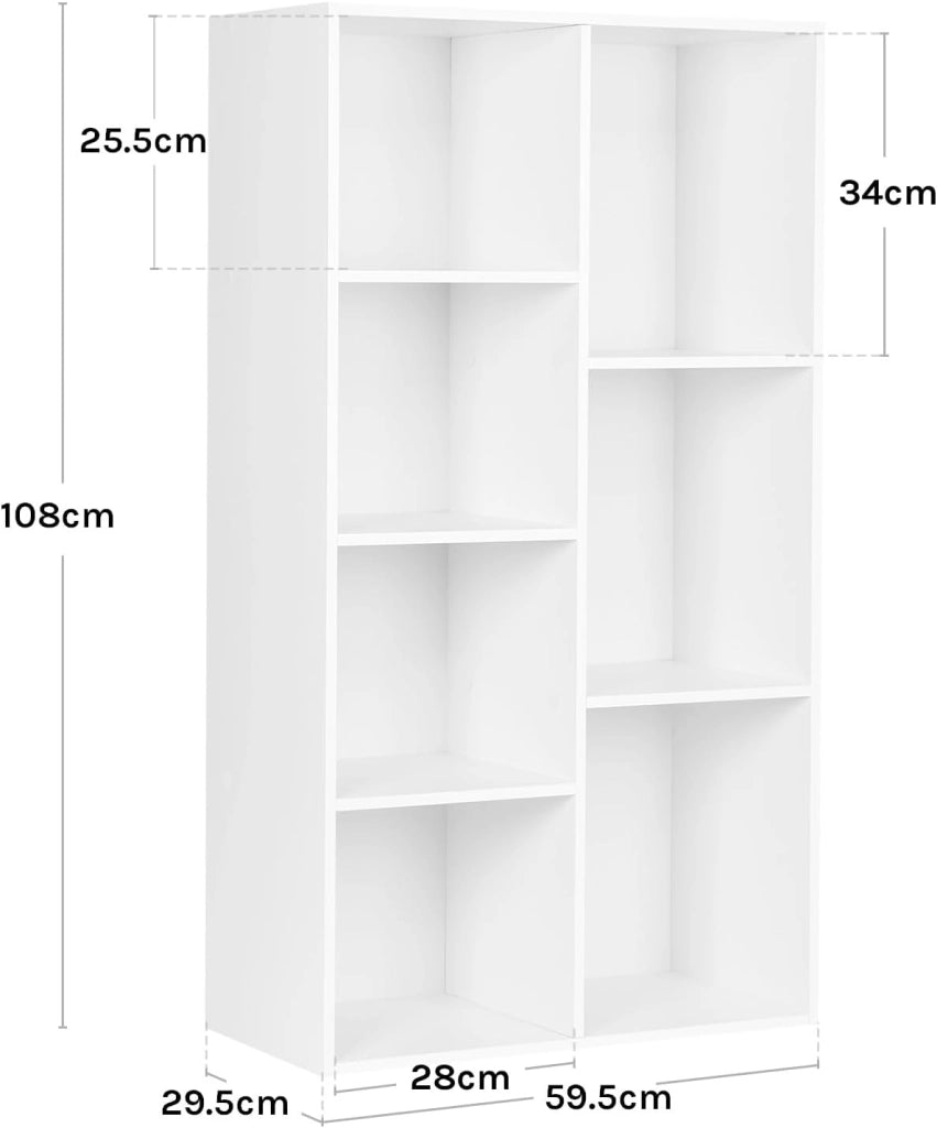 Libreria Bianca con 7 Scomparti a Giorno, Scaffale Moderno in Legno, Mobile Porta Libri Portaoggetti, Salvaspazio, per Ufficio, Studio, Salotto 59,5x29,5x108cm, SK004ws