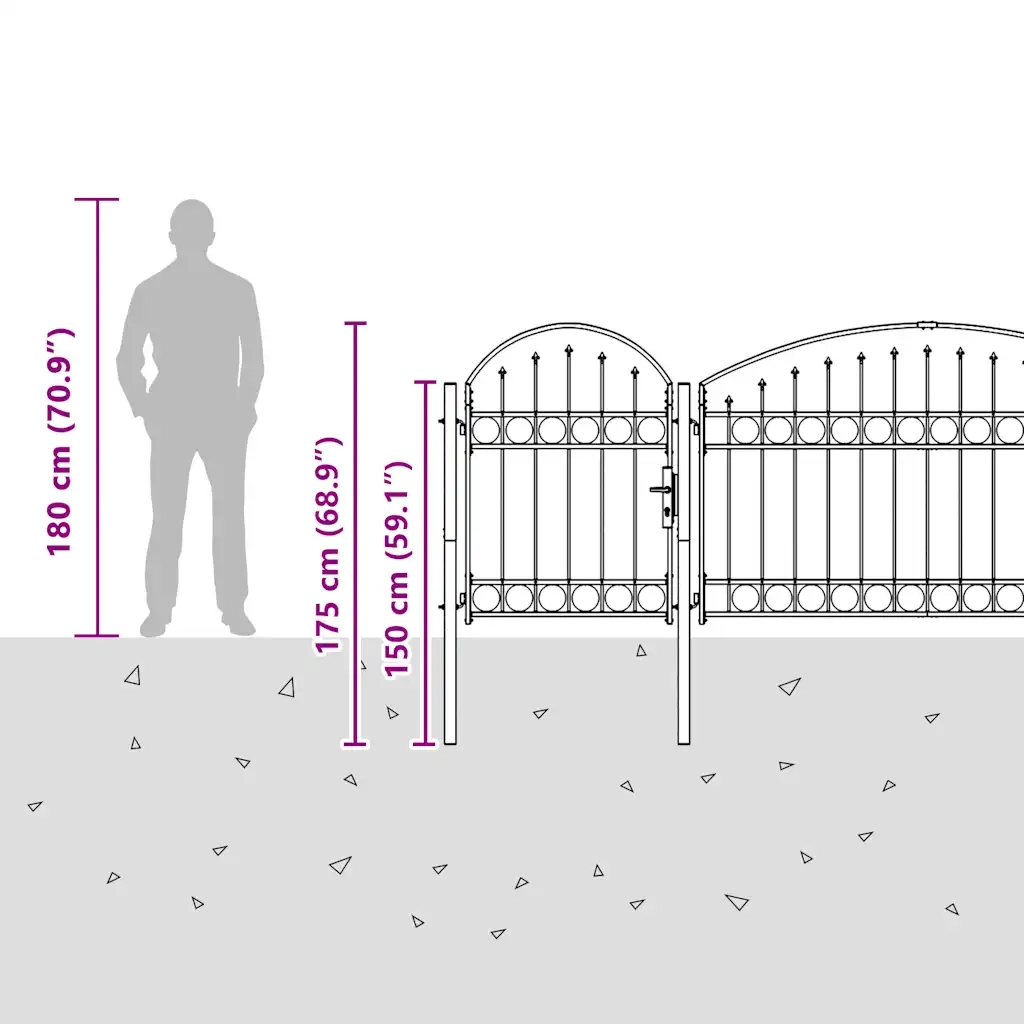 Cancello per recinzione da giardino ASSEN con parte superiore ad arco in acciaio 1,25x5 m Nero 144371