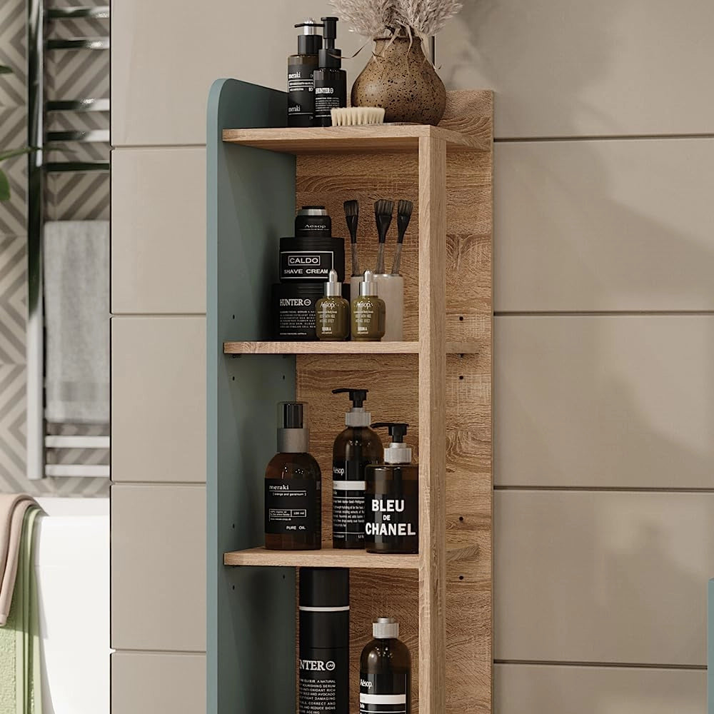 Mensola da bagno Karen, Sonoma/blu, 30 x 128 cm con 4 scomparti, per la conservazione di accessori da bagno e combinabile