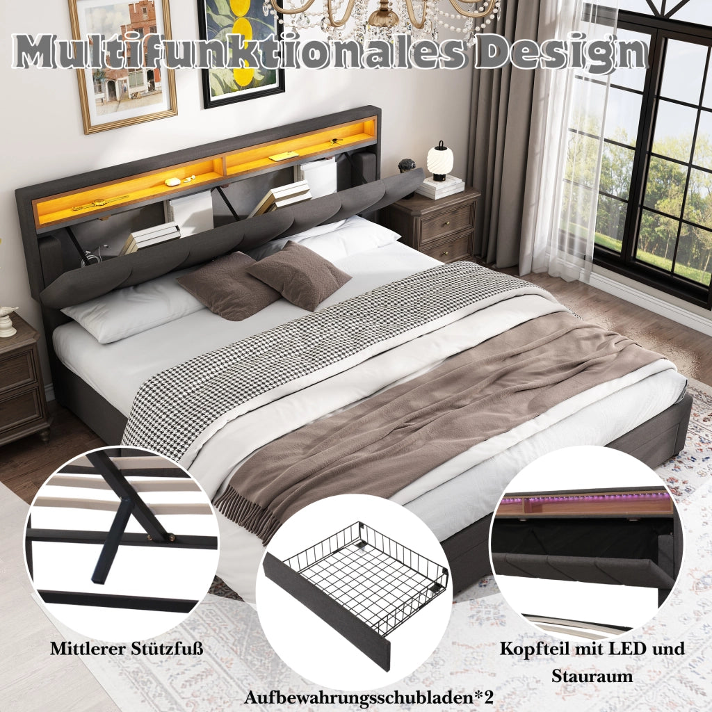 DESMIU Letto imbottito 160 × 200 cm 2 posti con LED, testiera, senza materasso, grigio scuro