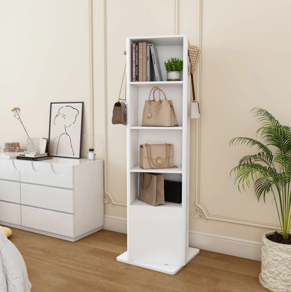 Armadio specchiera girevole a 360° 4 in 1 con specchio intero; ripiani e ganci; 50x50x170 cm; bianco