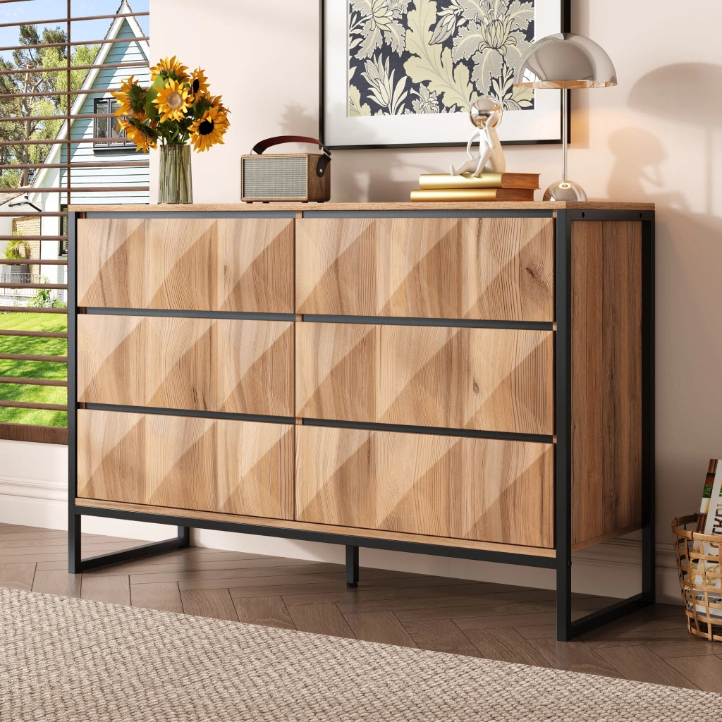 Cassettiera con 6 Cassetti e Struttura in Metallo; Frontali Testurizzati; Stile Moderno; per Soggiorno; in Truciolare; Nero Naturale; 120??40??80 cm