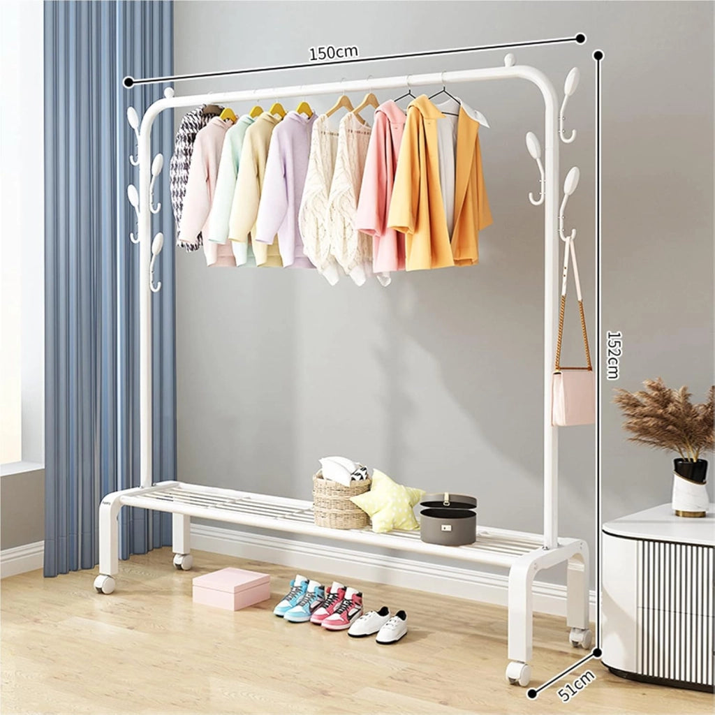 Appendiabiti in Metallo, Asta Appendiabiti, Tubo Appendiabiti, stendibiancheria con Asta Superiore e ripiano Inferiore per casa, Ufficio, interni/bianco/150 cm