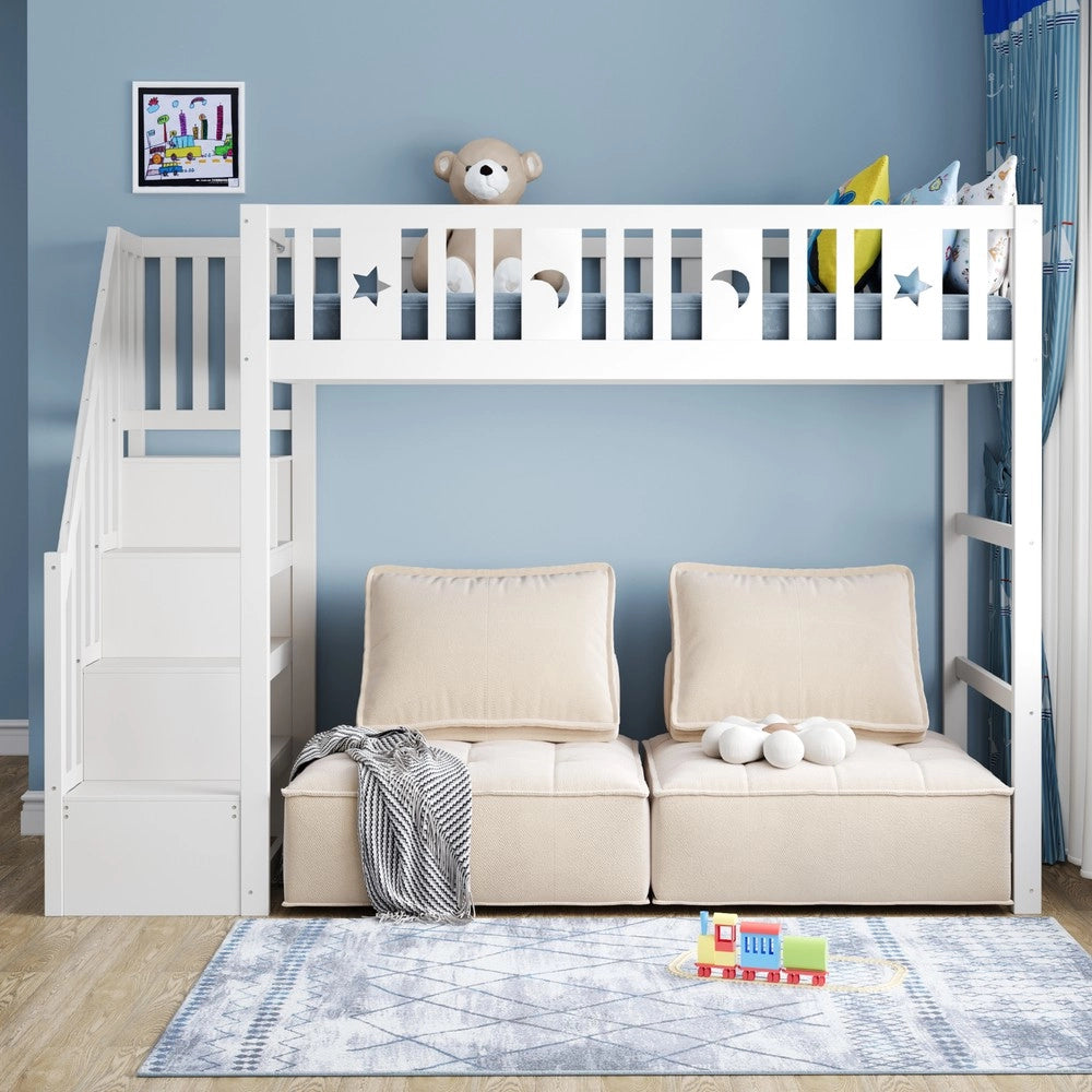Letto a Castello per Bambini in Legno Massello con Scala ¨C MINIMAL ¨C Bianco 90x200