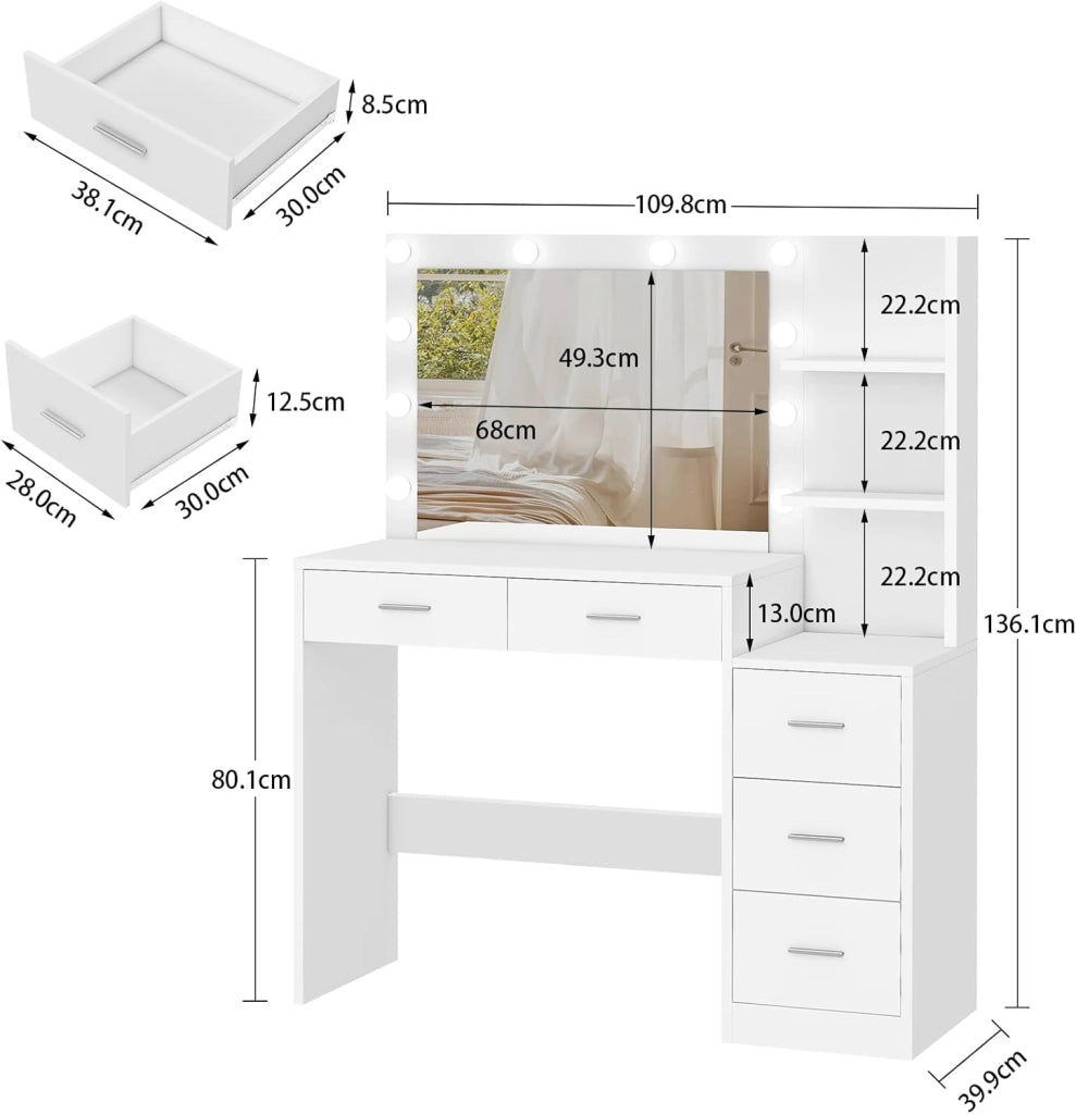 110cm Toeletta Trucco con Luci a Luminosità Regolabile, Grande Specchio, Postazione Trucco con 5 Cassetto e, 2 Ripiani Aperti, Moderno, Bianco