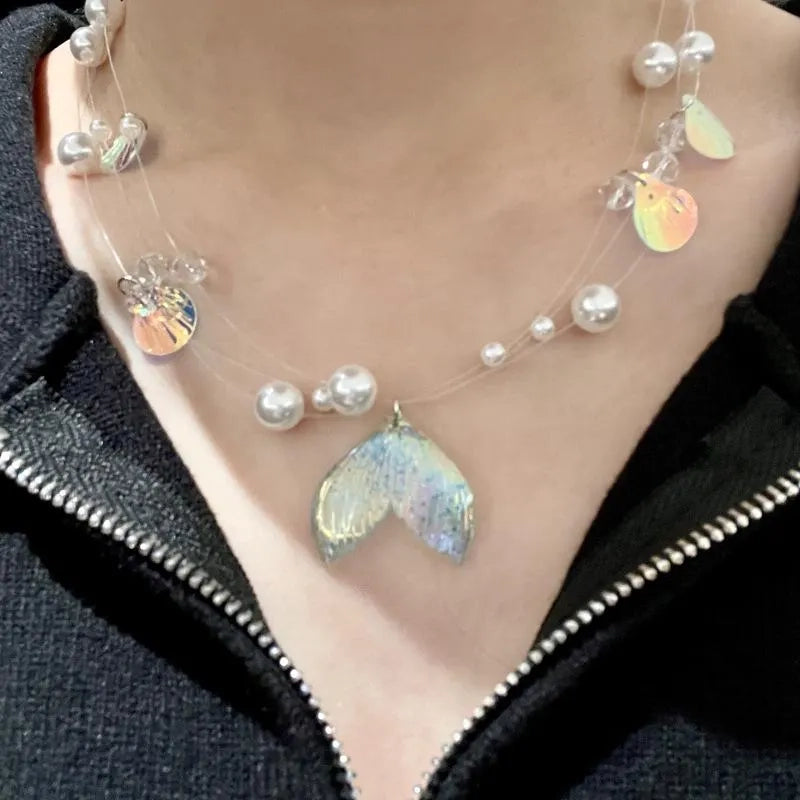 Collana di perline fatta a mano con motivo a dopamina: conchiglia, cristallo e perla