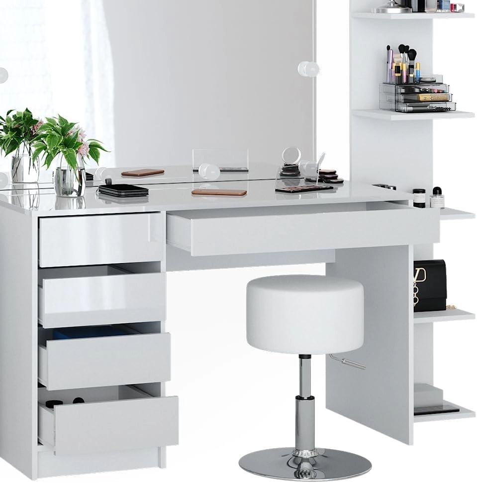 Tavolino da toilette Sherry, Bianco, 5 pezzi, con ripiano portaoggetti, ripiano in piedi, specchio, sgabello, LED, adatto per l’uso quotidiano con telaio stabile