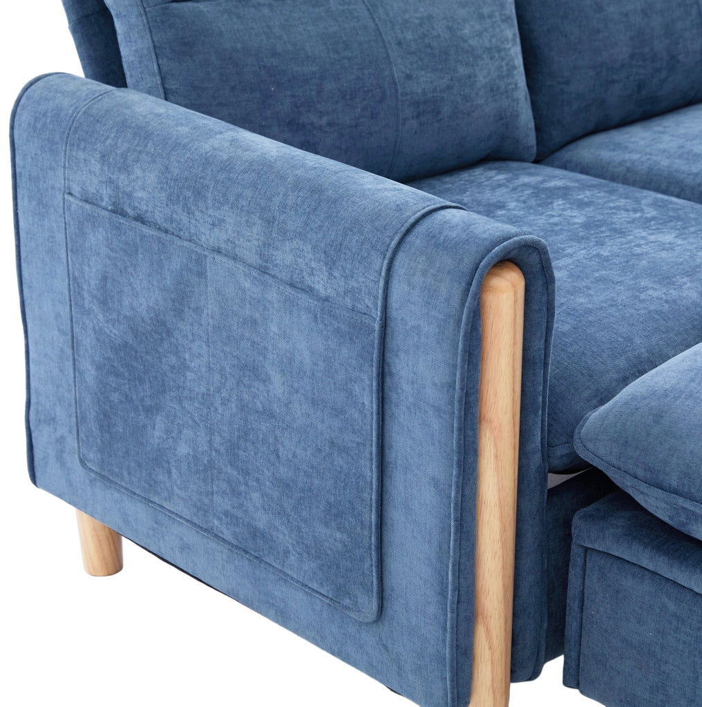 Divano modulare a U 4 posti in ciniglia blu con 2 pouf contenitore HOMVRA
