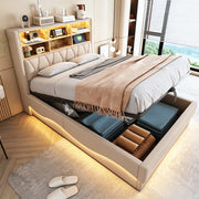Letto matrimoniale contenitore 140x200 cm con LED tramite App; rete in metallo; USB e vano contenitore; lino beige