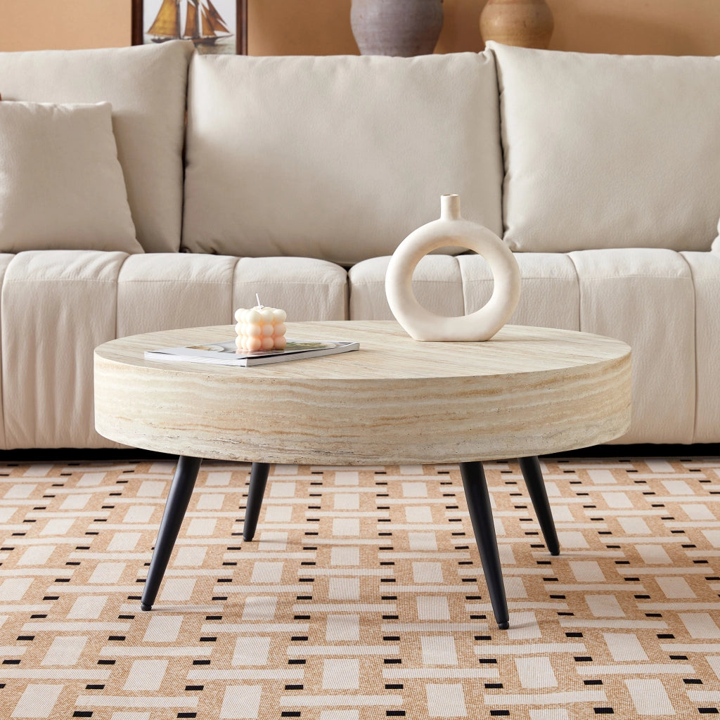Tavolino rotondo con 1 piano in MDF effetto travertino chiaro; gambe in metallo nere; per soggiorno; Ø 70 × 35;5 cm