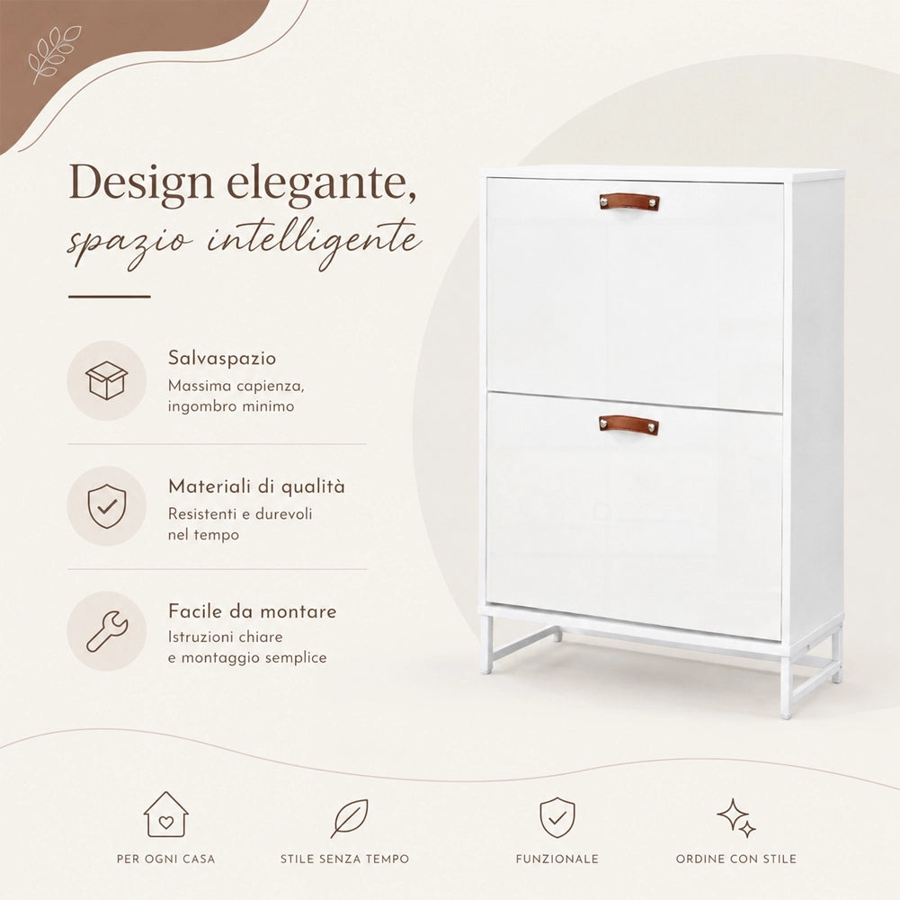 Scarpiera 2 Ante Bianca Mobile per Scarpe Salvaspazio con Maniglie 63x24x90cm