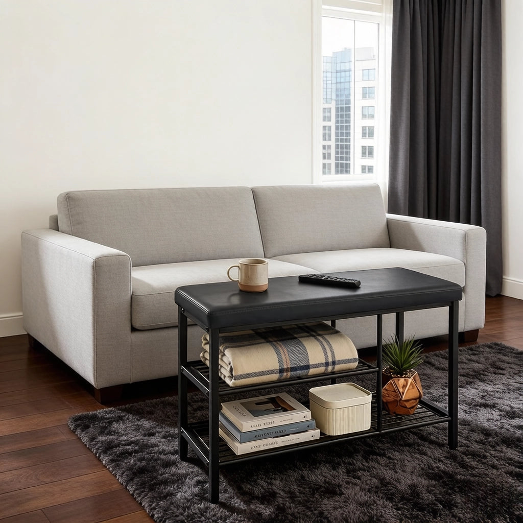 Panca portascarpe salvaspazio con seduta e 3 scomparti aperti in metallo e similpelle nera 80 × 30 × 50 cm