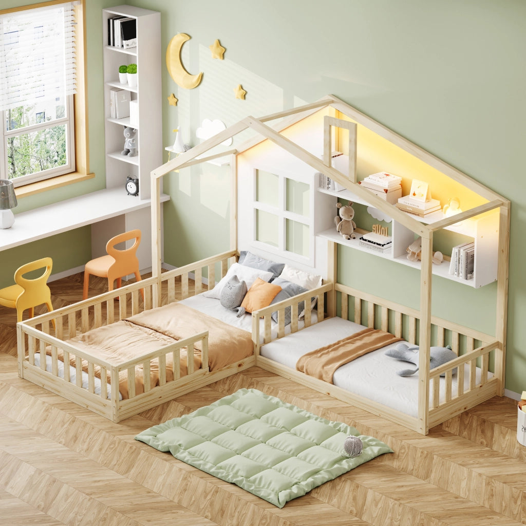 DESMIU Letto Bambino Singolo con Sponde, Mensole e LED, 90 × 200 cm e 140 × 70 cm, Senza Materasso