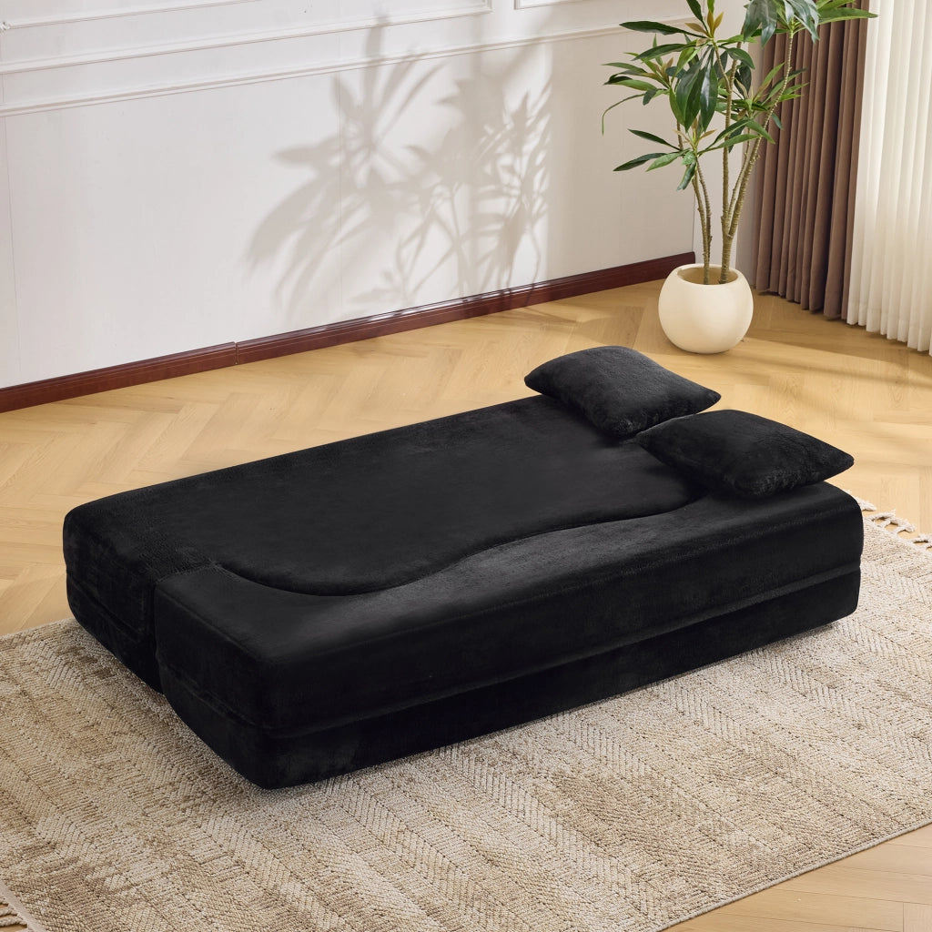 Divano letto pieghevole 2 posti con funzione letto e 2 cuscini in tessuto effetto peluche nero
