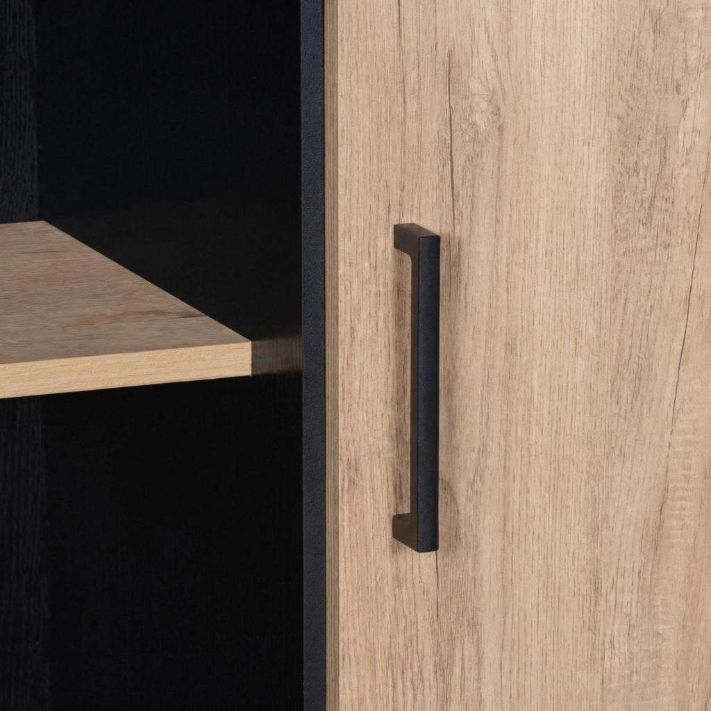 Credenza alta con 1 anta; 2 cassetti e 3 vani aperti 80x40x180 cm in MDF nero e effetto legno