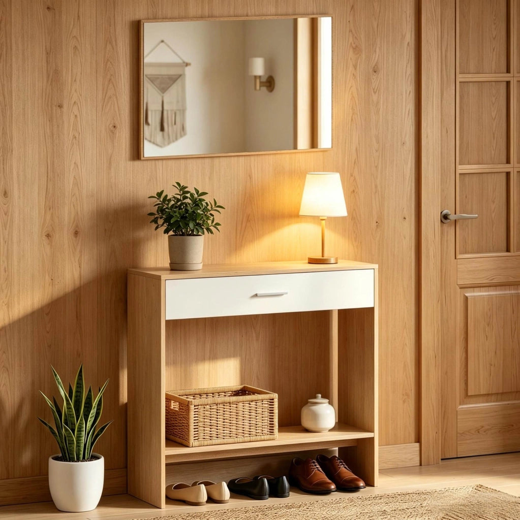 Mobile ingresso con specchio, cassetto e ripiano rovere bianco