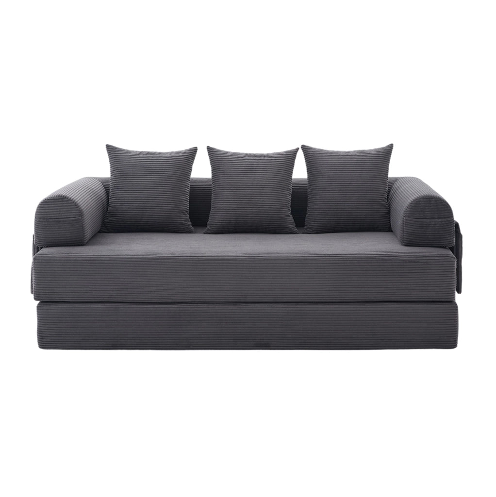 Divano modulare 200x94 cm grigio scuro in velluto a coste; 3 cuscini e tasca laterale