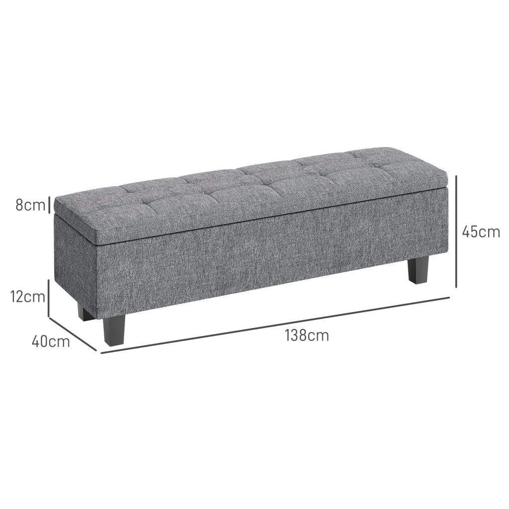 Panca contenitore imbottita con seduta confortevole e piedini in legno di caucciù in lino grigio scuro 138 × 40 × 45 cm