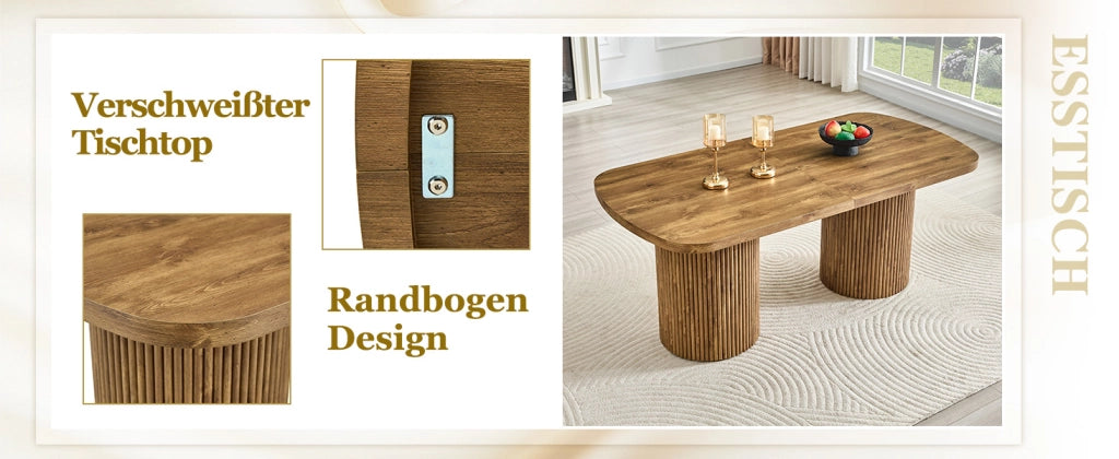 Tavolo da pranzo ovale in MDF con base cilindrica scanalata, stile mid-century, per cucina e sala da pranzo, 180 × 90 × 76 cm