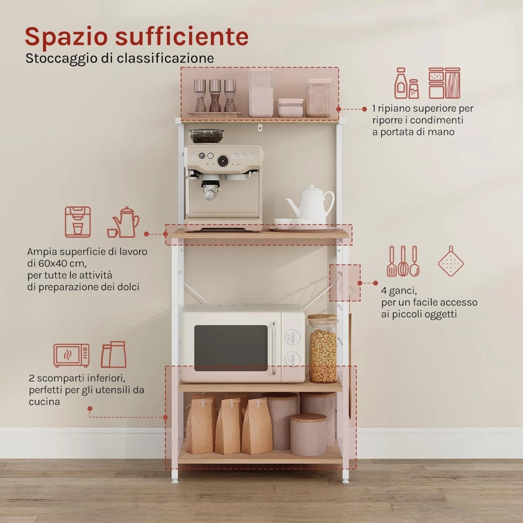 Scaffale per Cucina in Acciaio Legno 4 Ripiani Carrello per Microonde Scaffalature Organizzatore 60x40x123 cm