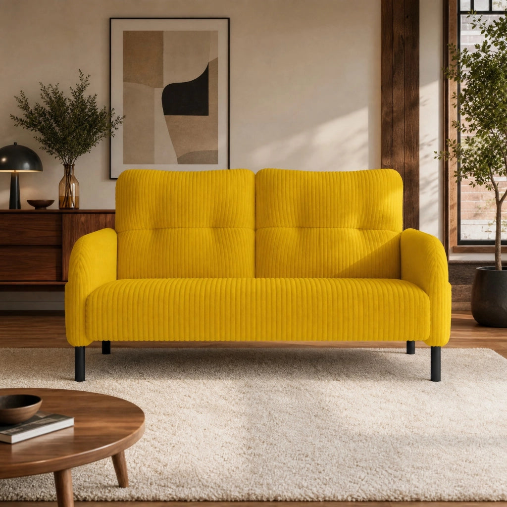 Divano 2 Posti con Schienale Ergonomico e Tasca Laterale, in Velluto a Coste Giallo 120 × 75 × 79 cm