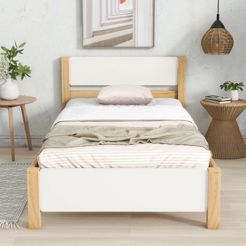 Letto Singolo 90 x 200 cm; 1 Posto; con 15 Doghe e Piede Centrale; senza Materasso; Legno Massello e MDF; Bianco Naturale