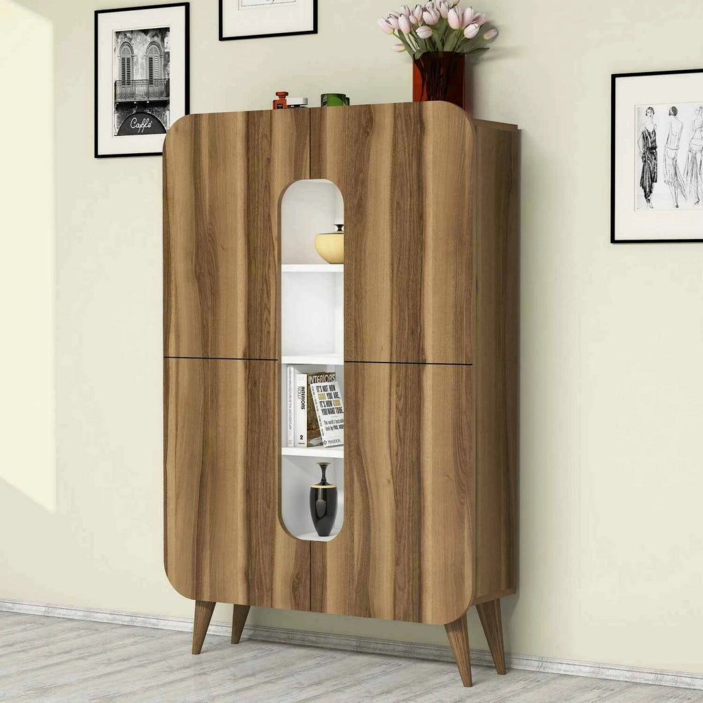 Credenza Novella, Buffet da soggiorno, Madia da salotto, Dispensa da cucina, 93x32h144 cm, Noce e Bianco