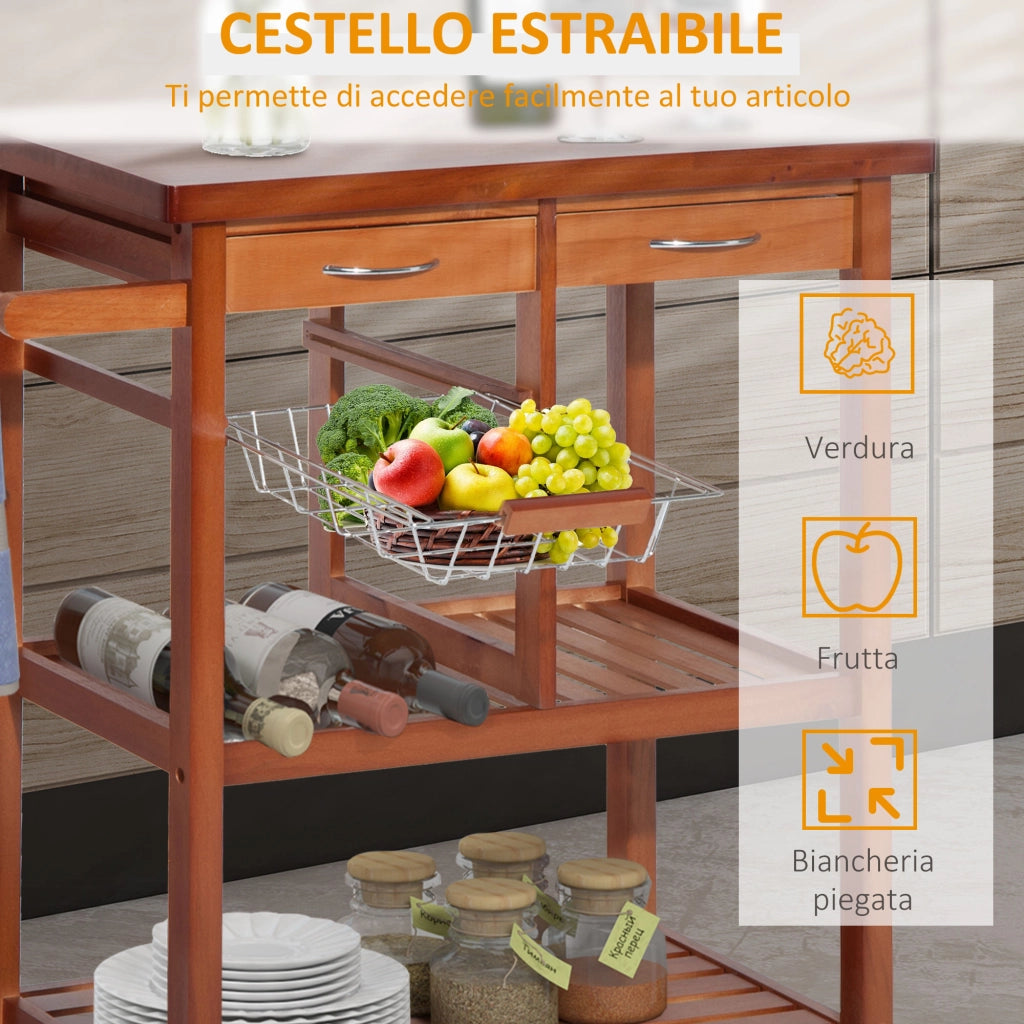 Carrello da Cucina in Legno con 2 Cassetti ¨C Minimal ¨C Legno di Pino, 84.5x37.2x85cm