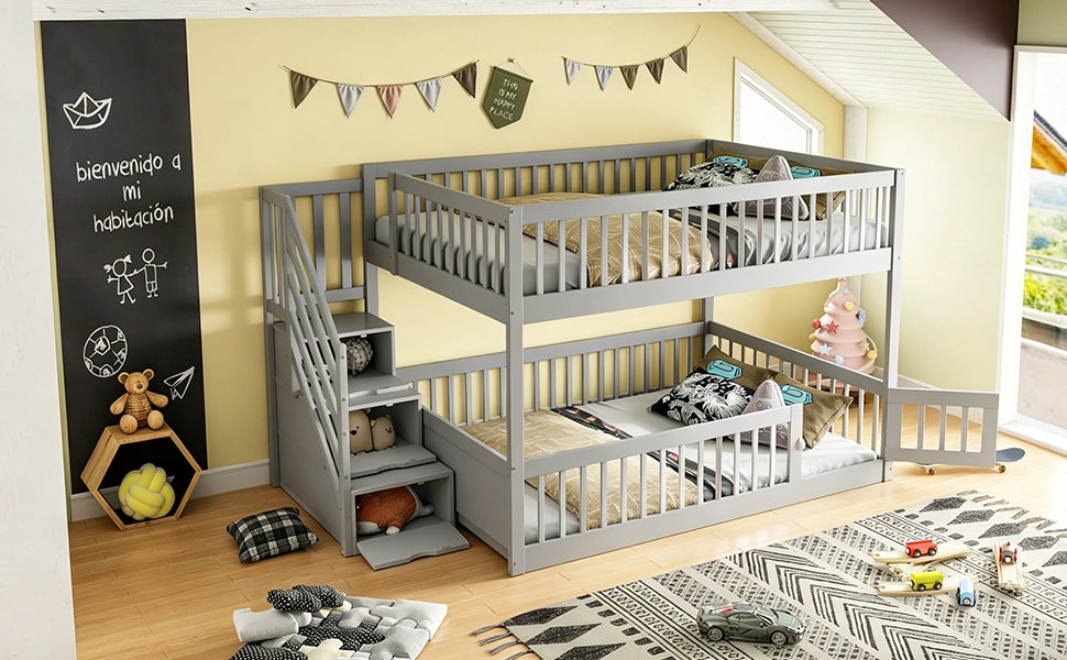 Letto a castello per bambini 140 × 200 cm con scala di sicurezza e cassetti in legno grigio
