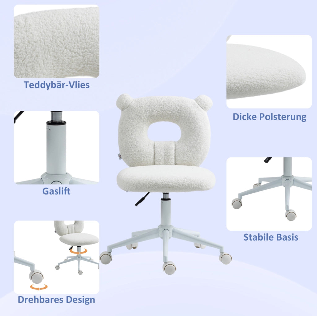 Sedia da ufficio per bambini regolabile in altezza senza braccioli, design orso bianco