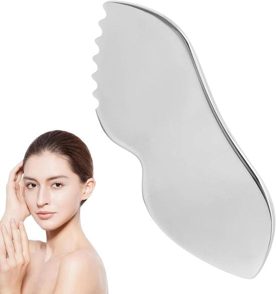 Gua Sha Tool in Acciaio Inossidabile per Massaggio del Viso e Draining dell'Interstizio Linfatico - Pietra Guasha Naturale per Pelle Tesa e Riduzione delle Borse