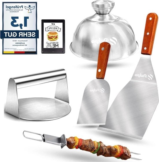Set di 5 pezzi in acciaio inossidabile per burgers - comprensivo di formatrice di hamburger, spatole, spiedini e coperchio - certificato UE - libro di ricette per burgers smash