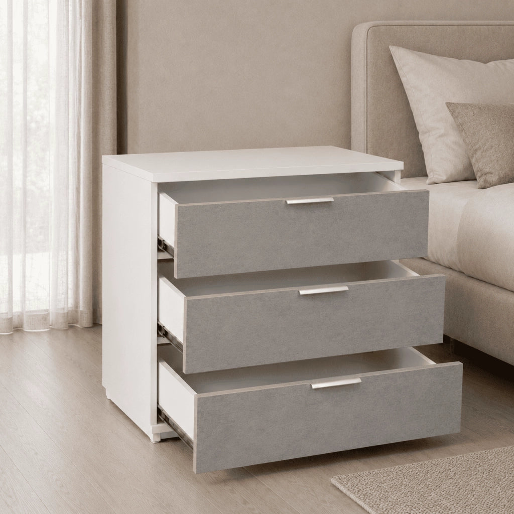 Comò Moderno 3 Cassetti Cassettiera Salvaspazio Senza Piedi Mobile Per Camera Da Letto Studio E Lavanderia 77 X 38 X 80 Cm Bianco E Grigio Cemento