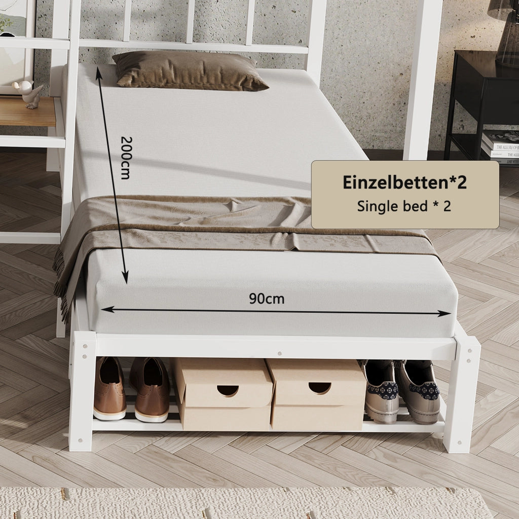 Letto a castello 3 posti 140 × 200 cm e 90 × 200 cm con ripiano aperto e porta scarpe, senza materasso, bianco