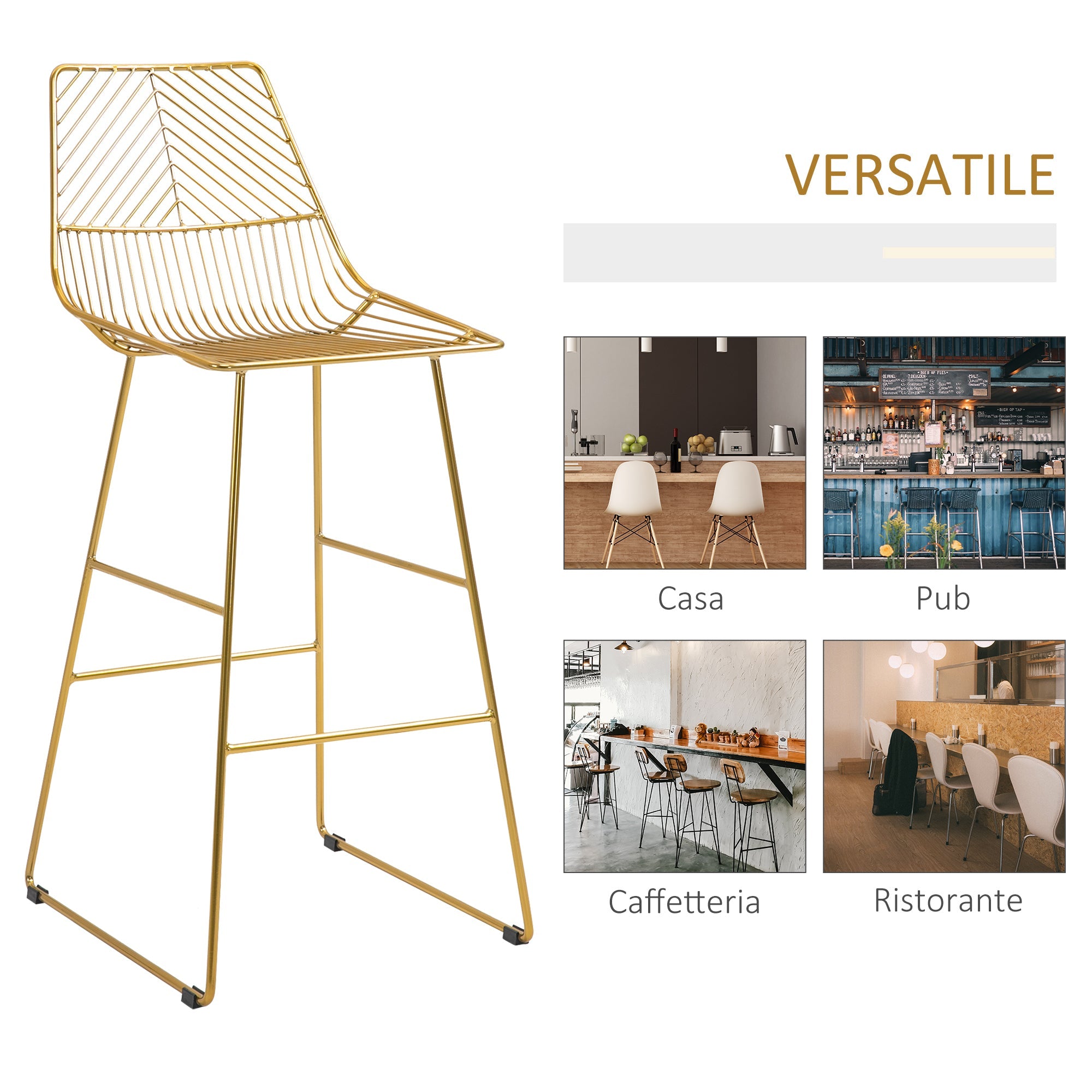 Set 2 Sgabelli Alti da Bar 53x56x110 cm in Metallo Oro