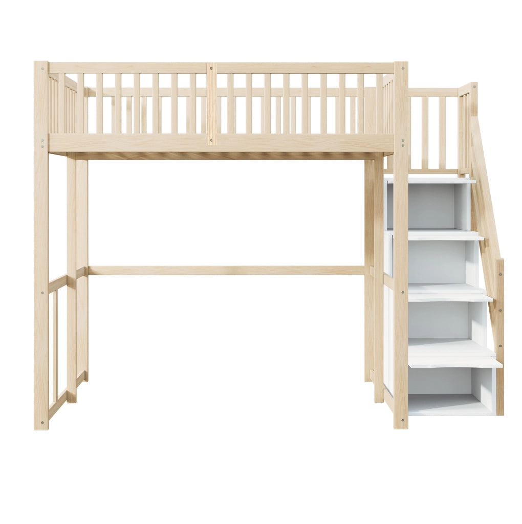 Hochbett 140x200 cm con scala contenitore e sponde di sicurezza; legno naturale