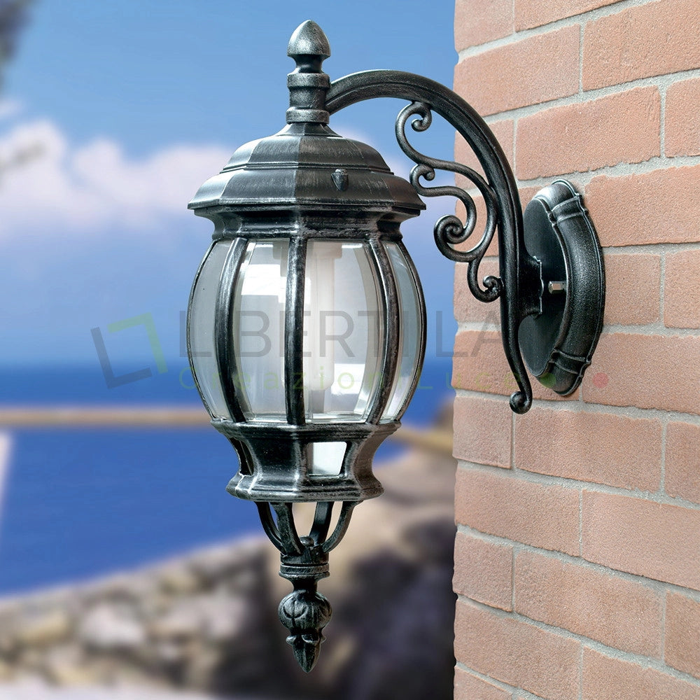 ENEA Applique Lanterna a Parete in Alluminio Applique per Esterno Classica NERO-ARGENTO GARDENLIGHT