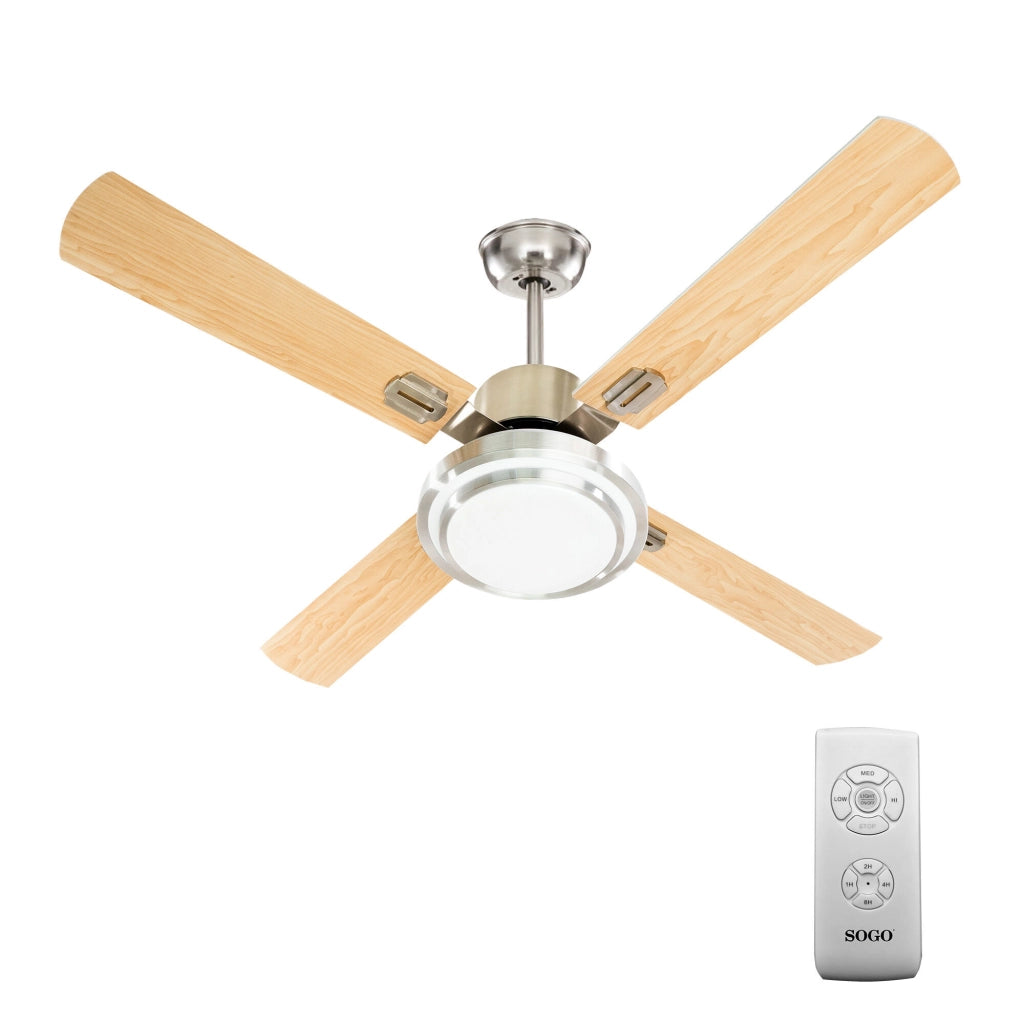 Ventilatore da soffitto 132 cm con luce LED 18W, 3 velocità, timer 8h, telecomando e pale in legno - SOGO