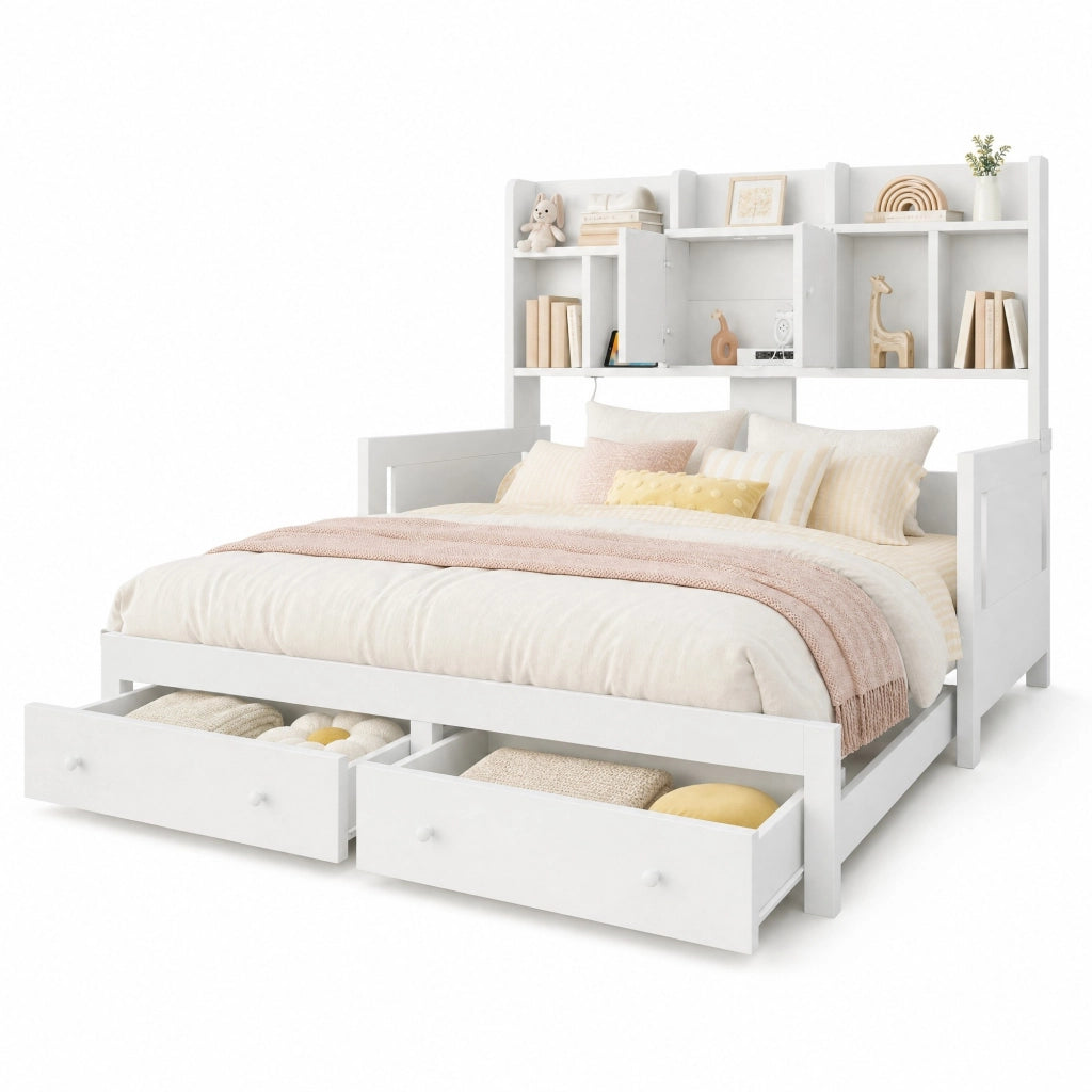 Divano letto estraibile in legno 90x190 cm; con cassetti; vani contenitore e LED; bianco