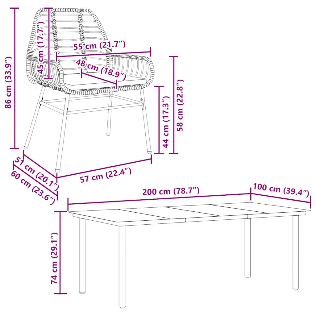 Set da Pranzo da Giardino 9 pz con Cuscini Polyrattan Vetro
