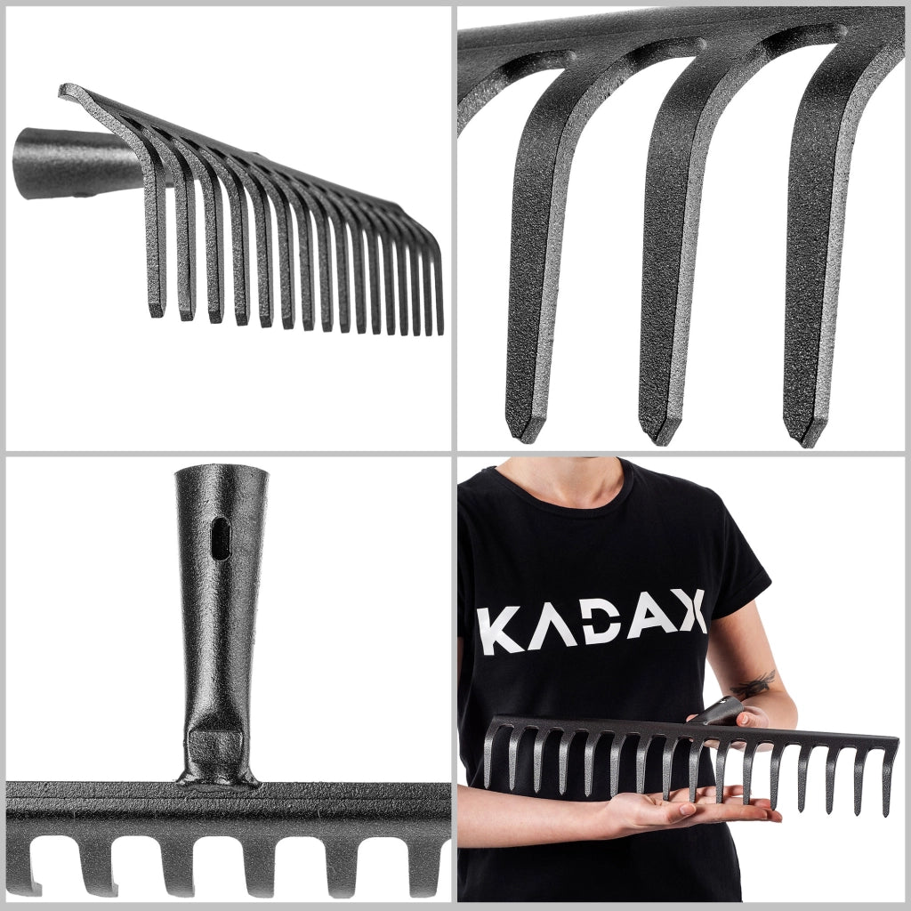 Rastrello per foglie in acciaio KADAX a 16 denti, senza manico, per terra ed erba.