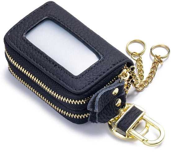 Tasca per chiavi in pelle reale con chiusura a doppia fibbia - Borsa per chiavi di alta qualità in pelle di pecora - Unisex - Portachiavi - Portatile - Etui per chiavi in pelle con finestra trasparente e chiusura a fibbia.
