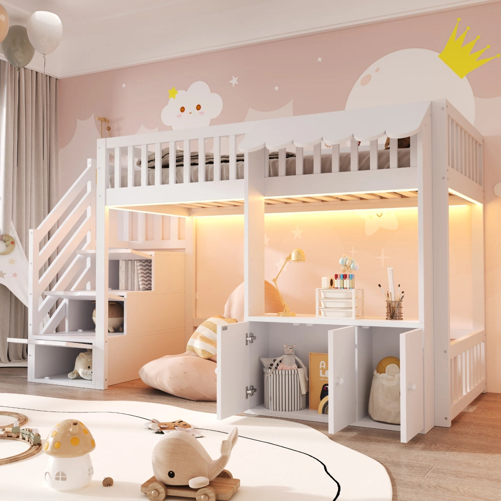 DESMIU Letto a soppalco singolo con scala contenitore, vano portaoggetti e luce LED 90 × 200 cm, senza materasso