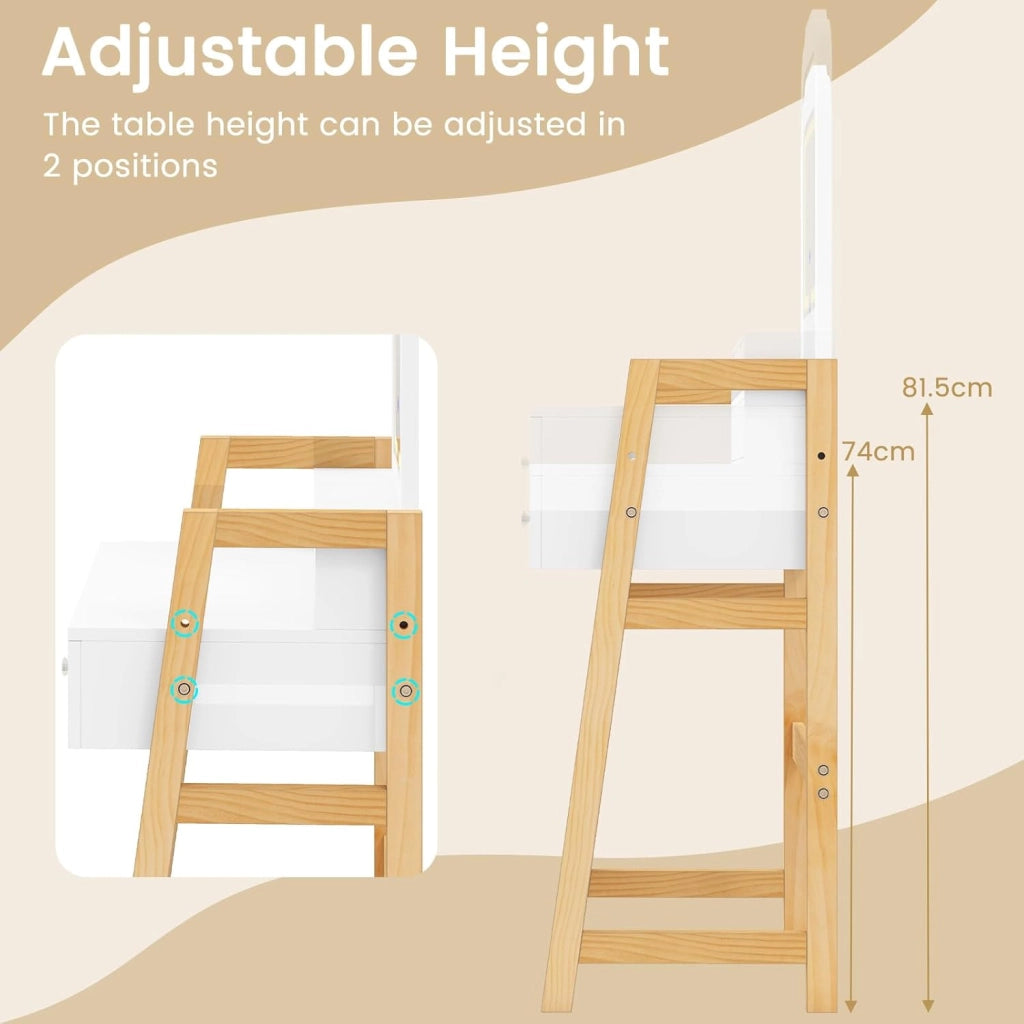 Set da toeletta compatto con sgabello imbottito, specchio illuminato in 3 colori e 3 cassetti, tavolo da trucco con altezza regolabile, 64 x 40 x 130 cm, bianco