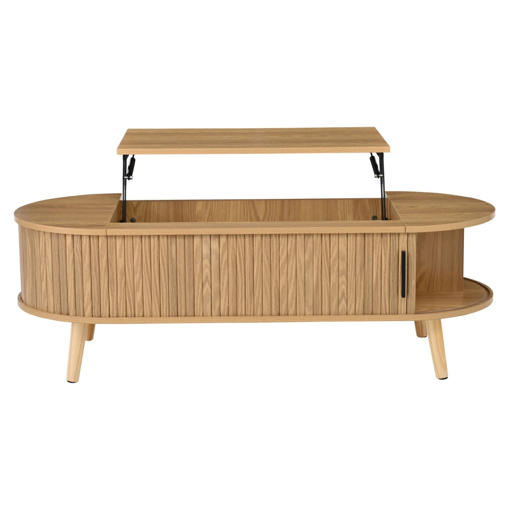 Tavolino da caffè sollevabile 120x50 cm in MDF effetto legno naturale; con contenitore nascosto