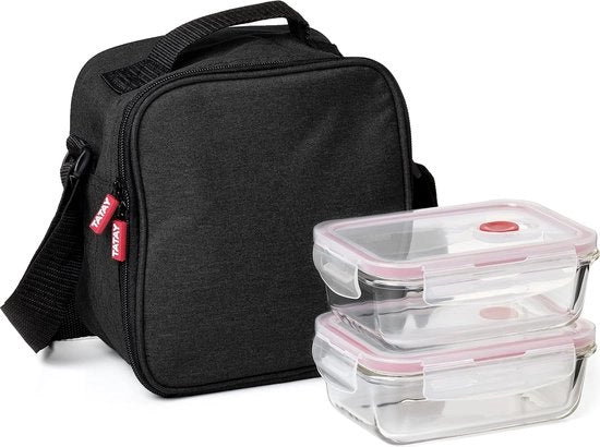 Piccola valigetta refrigerante, 3,5 L di capacità, con 2 contenitori alimentari da 0,57 L in vetro, nero, 22 x 12 x 21,5 cm.